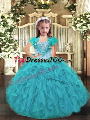 Ruffles Pageant Dress for Womens Aqua Blue Lace Up Sleeveless Floor Length