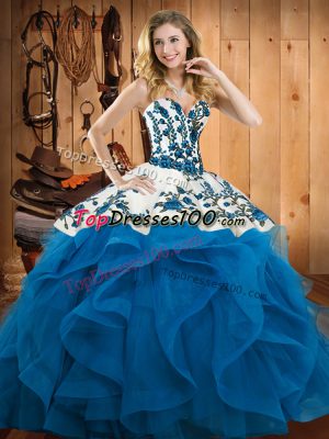 Modest Floor Length Baby Blue Quince Ball Gowns Satin and Organza Sleeveless Embroidery and Ruffles