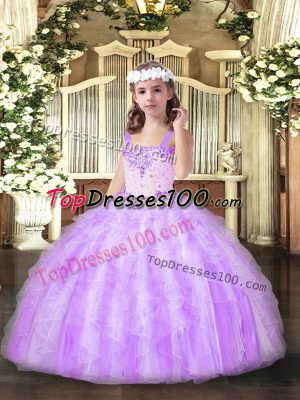 Straps Sleeveless Organza Child Pageant Dress Beading and Ruffles Lace Up