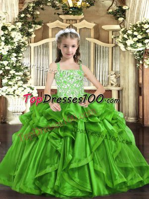 Custom Designed Straps Sleeveless Little Girl Pageant Dress Floor Length Beading and Ruffles Green Organza