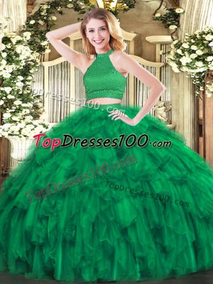 Elegant Floor Length Green Quinceanera Dress Halter Top Sleeveless Backless