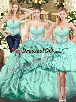 Sleeveless Organza Floor Length Lace Up 15 Quinceanera Dress in Apple Green with Beading and Ruffles