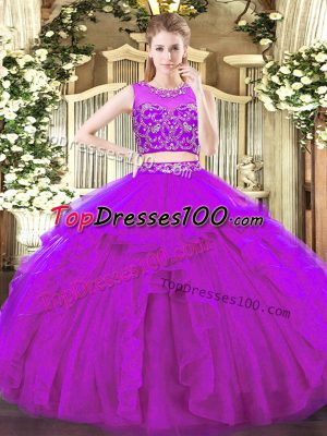 Tulle Sleeveless Floor Length Ball Gown Prom Dress and Beading and Ruffles
