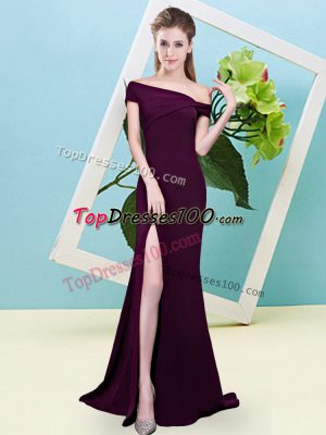 Chic Off The Shoulder Sleeveless Zipper Bridesmaid Gown Burgundy Elastic Woven Satin