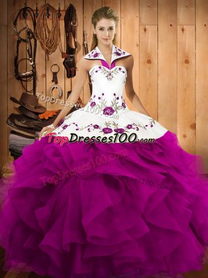 Custom Made Floor Length Fuchsia 15th Birthday Dress Tulle Sleeveless Embroidery and Ruffles