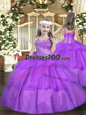 Cute Floor Length Purple Little Girl Pageant Gowns Straps Sleeveless Lace Up