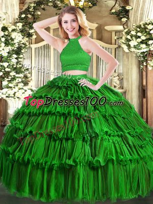 Colorful Green Sleeveless Organza Backless Quince Ball Gowns for Military Ball and Sweet 16 and Quinceanera