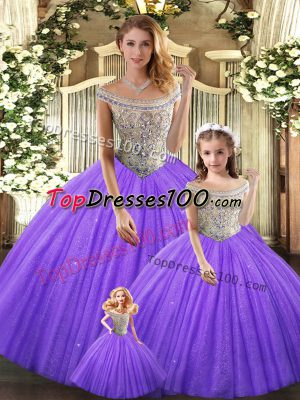 Eggplant Purple Ball Gowns Bateau Sleeveless Tulle Floor Length Lace Up Beading Quinceanera Gown