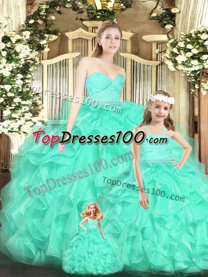Extravagant Floor Length Lace Up Quinceanera Gown Apple Green for Military Ball and Sweet 16 and Quinceanera with Lace and Ruffles