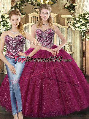 Fuchsia Lace Up Sweetheart Beading Ball Gown Prom Dress Tulle Sleeveless