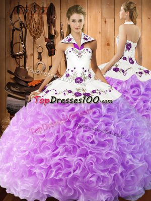 Floor Length Lace Up Ball Gown Prom Dress Lilac for Military Ball and Sweet 16 and Quinceanera with Embroidery