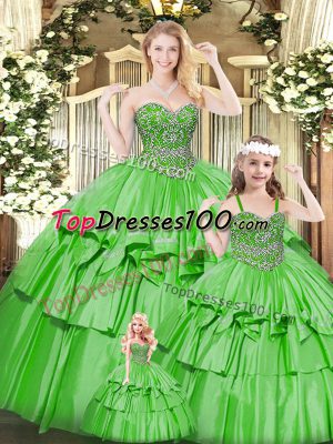 Eye-catching Green Organza Lace Up Sweetheart Sleeveless Floor Length Quinceanera Gown Beading and Ruffled Layers