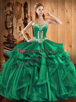 Vintage Turquoise Ball Gowns Embroidery and Ruffles Quinceanera Gown Lace Up Organza Sleeveless Floor Length