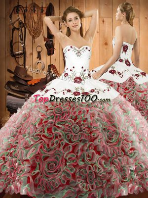 Low Price Multi-color Ball Gowns Fabric With Rolling Flowers Sweetheart Sleeveless Embroidery Lace Up Sweet 16 Dress Sweep Train