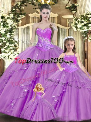 Glittering Floor Length Lilac Sweet 16 Quinceanera Dress Sweetheart Sleeveless Lace Up