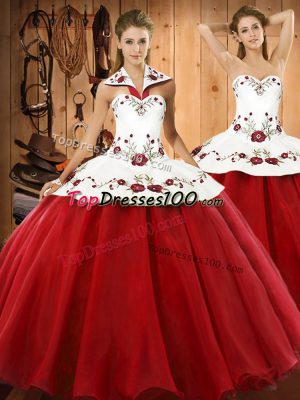 Attractive Wine Red Lace Up 15 Quinceanera Dress Embroidery Sleeveless Floor Length