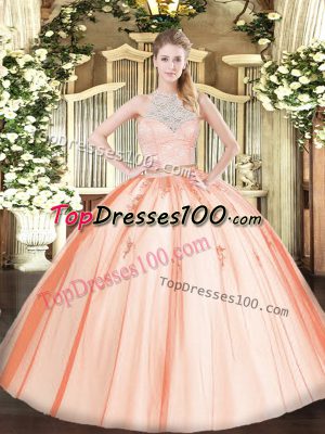 Modest Floor Length Orange Quinceanera Dress Scoop Sleeveless Zipper