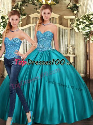 Floor Length Two Pieces Sleeveless Teal Quinceanera Dresses Lace Up