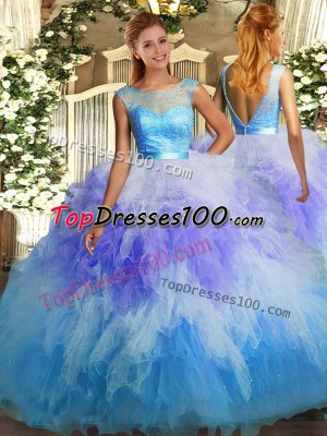 Multi-color Tulle Backless Quince Ball Gowns Sleeveless Floor Length Beading and Ruffles
