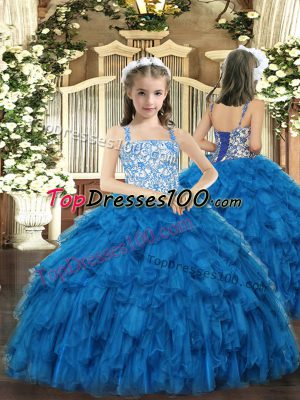 Beauteous Beading and Ruffles Girls Pageant Dresses Blue Lace Up Sleeveless Floor Length