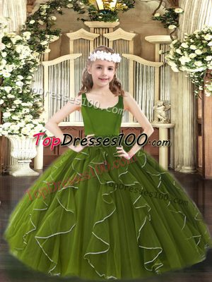 Sleeveless Organza Floor Length Zipper Little Girls Pageant Dress in Olive Green with Beading and Ruffles