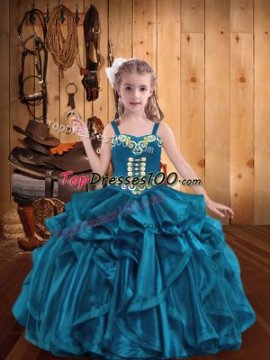Simple Teal Straps Neckline Embroidery and Ruffles Little Girls Pageant Dress Sleeveless Lace Up
