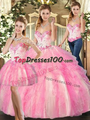Sophisticated Sleeveless Floor Length Beading and Ruffles Lace Up Quinceanera Dress with Rose Pink