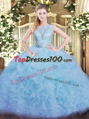 Aqua Blue Vestidos de Quinceanera Military Ball and Sweet 16 and Quinceanera with Lace and Ruffles Scoop Sleeveless Backless