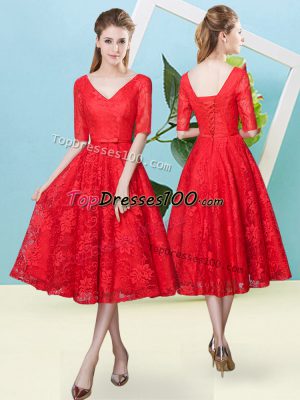 Sumptuous V-neck Half Sleeves Lace Vestidos de Damas Bowknot Lace Up