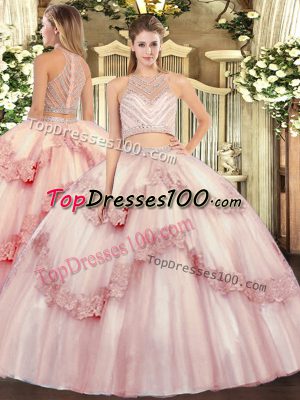 Baby Pink Sleeveless Tulle Zipper Quince Ball Gowns for Military Ball and Sweet 16 and Quinceanera