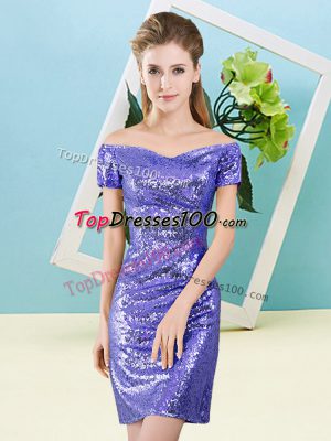 Lavender Short Sleeves Mini Length Sequins Zipper Prom Party Dress