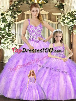 Classical Ball Gowns Sweet 16 Dress Lilac Straps Organza Sleeveless Floor Length Lace Up