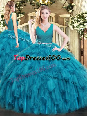 High Class Teal Sleeveless Floor Length Beading and Ruffles Zipper 15th Birthday Dress