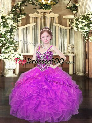 Lilac Organza Lace Up Little Girl Pageant Gowns Sleeveless Floor Length Beading and Ruffles