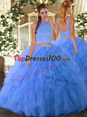High End Baby Blue Sleeveless Floor Length Beading and Ruffles Backless Sweet 16 Quinceanera Dress