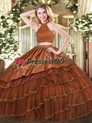 Great Halter Top Sleeveless Vestidos de Quinceanera Floor Length Beading and Embroidery and Ruffled Layers Brown Organza