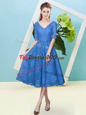 Customized Half Sleeves Lace Tea Length Lace Up Vestidos de Damas in Blue with Bowknot