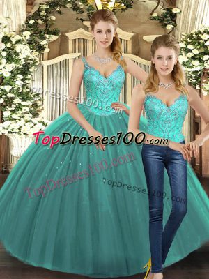 Sleeveless Floor Length Beading Lace Up 15 Quinceanera Dress with Turquoise