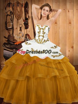 Lace Up Quinceanera Dresses Gold for Military Ball and Sweet 16 and Quinceanera with Embroidery and Ruffled Layers Sweep Train