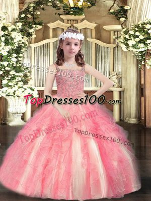 Watermelon Red Sleeveless Tulle Lace Up Evening Gowns for Party and Sweet 16 and Quinceanera and Wedding Party