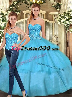 On Sale Floor Length Lace Up Vestidos de Quinceanera Aqua Blue for Military Ball and Sweet 16 and Quinceanera with Ruffled Layers