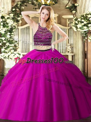 Fuchsia Ball Gowns Beading and Ruching Quinceanera Gowns Zipper Tulle Sleeveless Floor Length