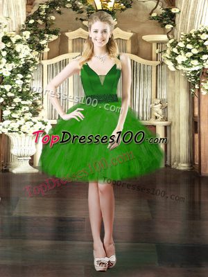 Custom Fit Green Tulle Lace Up Evening Dress Sleeveless Mini Length Beading and Ruffles