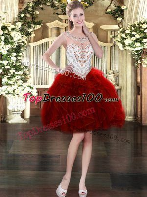 Wine Red Sleeveless Mini Length Beading and Ruffles Zipper Prom Evening Gown