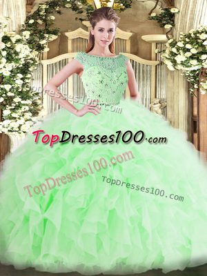 Sleeveless Floor Length Beading and Ruffles Zipper 15 Quinceanera Dress with Apple Green