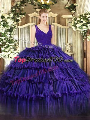 Purple Organza Backless Ball Gown Prom Dress Sleeveless Floor Length Beading and Lace and Ruffled Layers