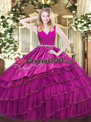 Ball Gowns Quinceanera Gowns Fuchsia V-neck Satin and Organza Sleeveless Floor Length Zipper