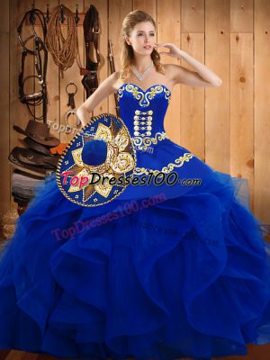 Floor Length Lace Up 15 Quinceanera Dress Blue for Military Ball and Sweet 16 and Quinceanera with Embroidery and Ruffles