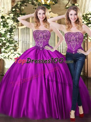 Purple Lace Up Quinceanera Gown Beading Sleeveless Floor Length