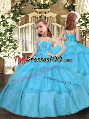Aqua Blue Ball Gowns Organza Straps Sleeveless Beading and Ruffled Layers Floor Length Lace Up Pageant Dress Toddler